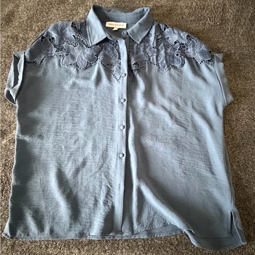 Anthropologie Dusty Blue Lace-Yoke Button Down Shirt